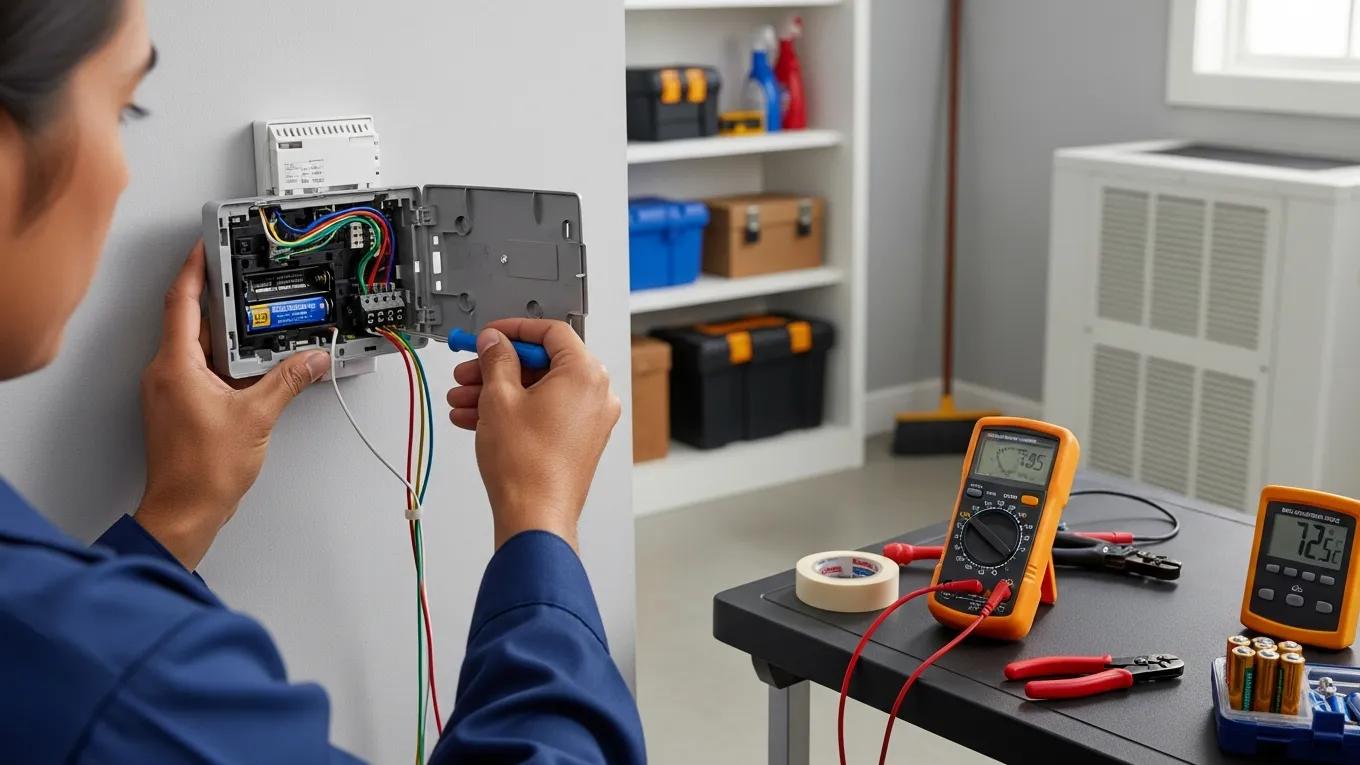 Person inspecting an AC thermostat for maintenance, highlighting the importance of regular checks and calibration