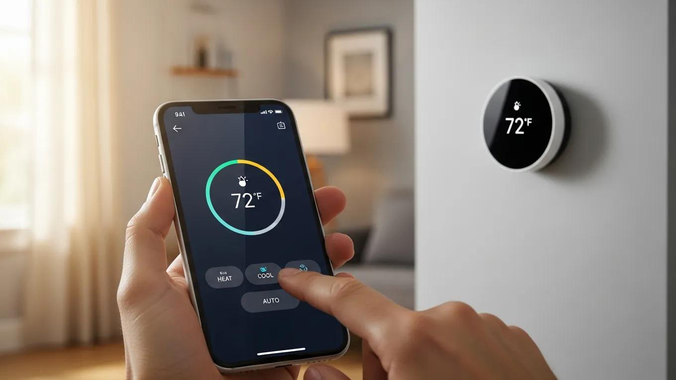 Person using a smartphone app to control a smart thermostat, illustrating modern home technology and convenience