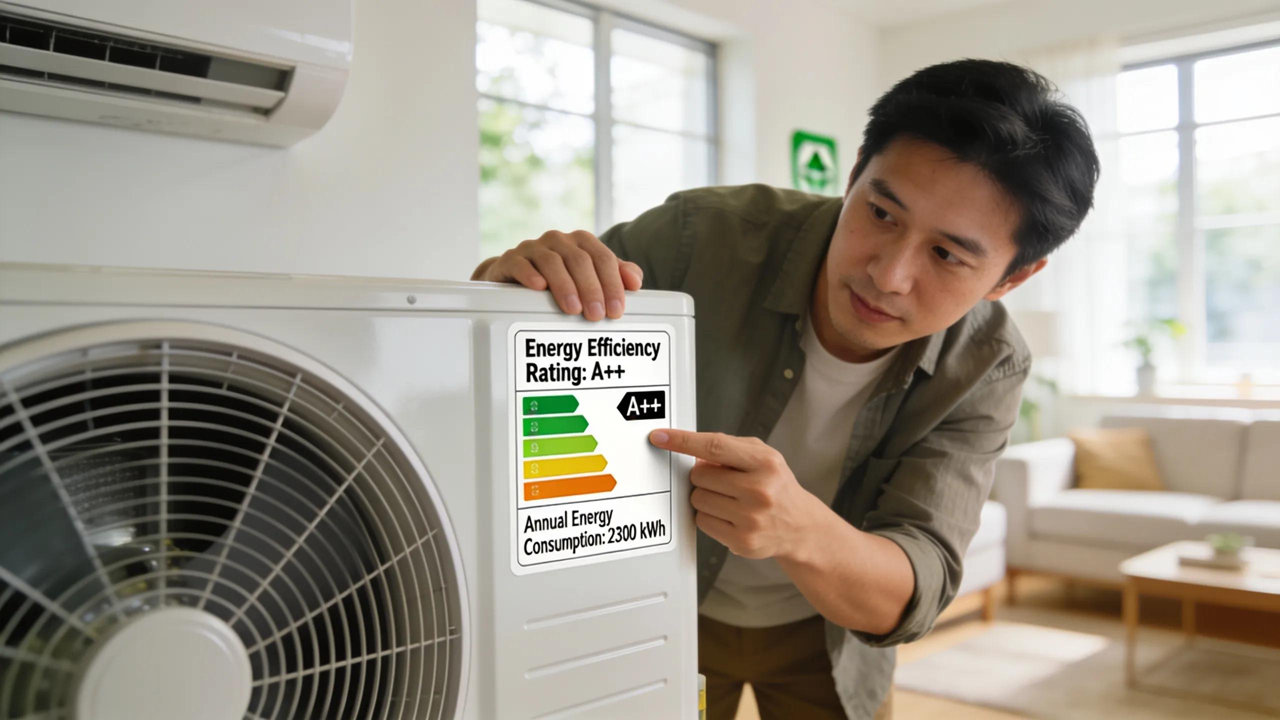 Homeowner reviewing energy efficiency ratings on a new air conditioning unit in a modern living room